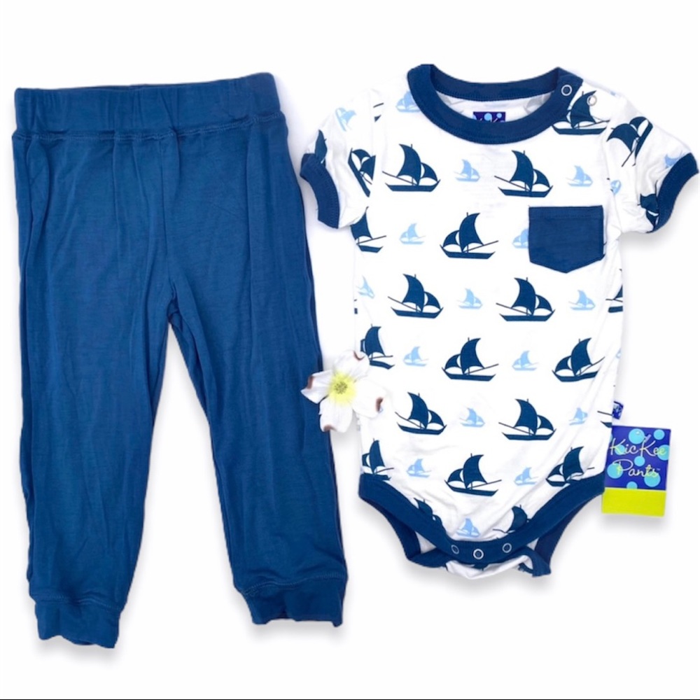 NWT KicKee Pants Natural Sailboat Bodysuit & Pants, 18-24m - Picture 1 of 15